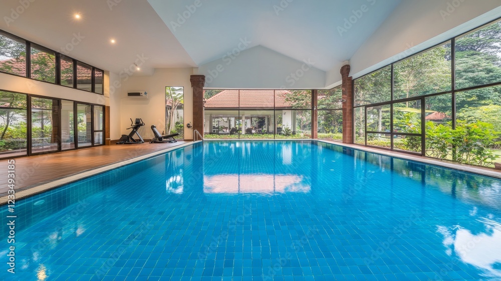 Fototapeta premium Indoor Swimming Pool with Fitness Equipment View