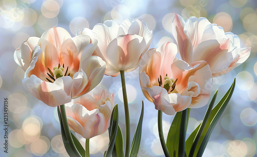 Close-Up of Peach and Cream Tulips with Soft Bokeh Background, Delicate Petals and Natural Light