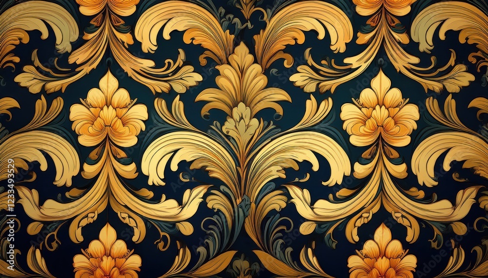 Elegant and Timeless Seamless Damask Pattern Wallpaper, Showcasing Intricate Design with Rich Textures and Colors, Perfect for a Classic Interior.