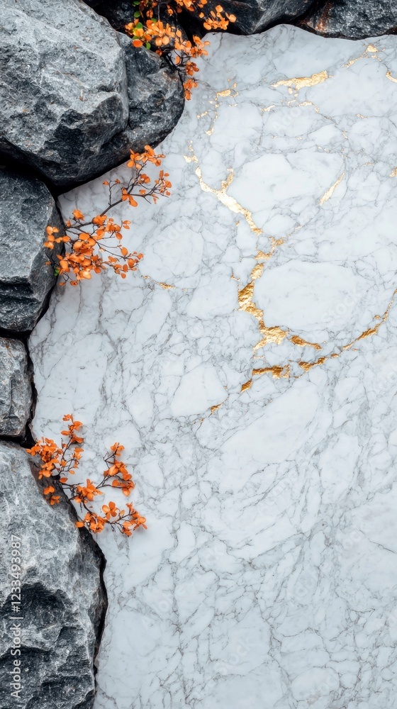 Elegant White Marble Granite Texture with Gold Veins and Autumn Branches Elegant White Marble Granite Texture with Gold Veins and Autumn Branches