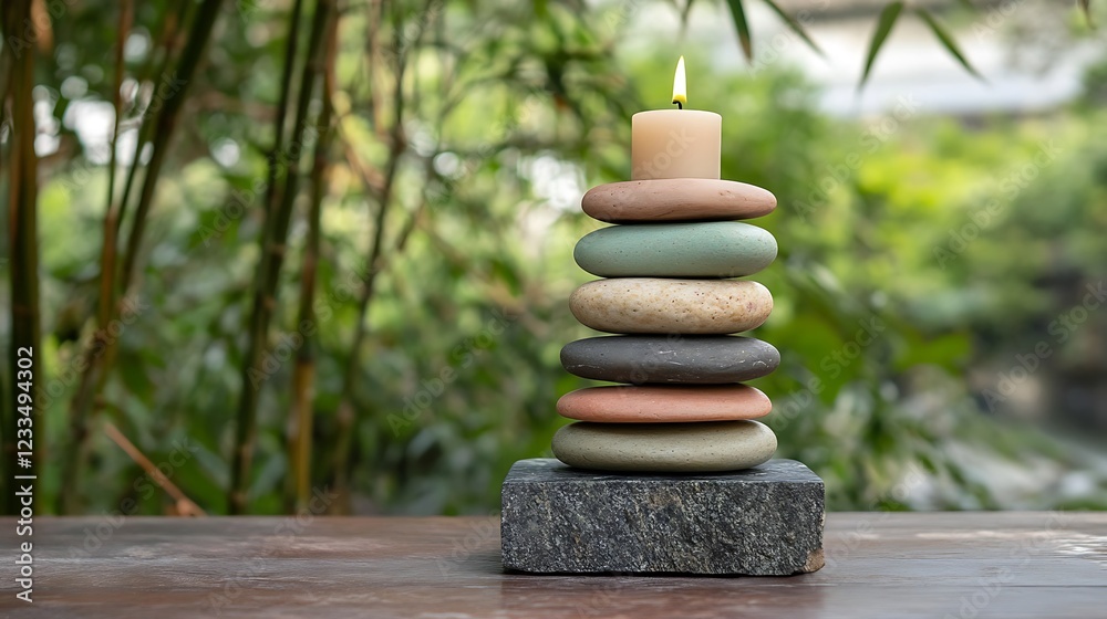 Obraz premium Serene Candlelight: A Stack of Stones in a Tranquil Garden