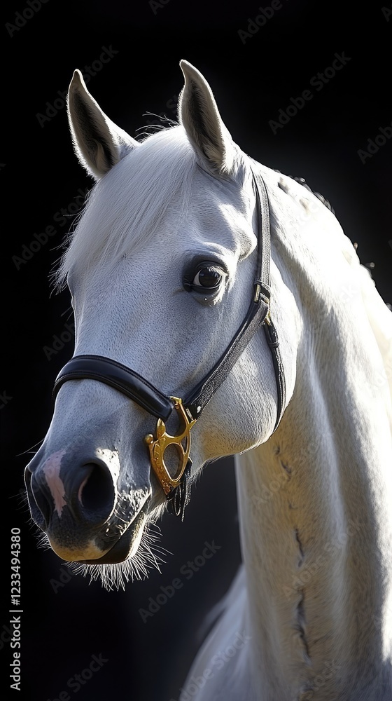 Obraz premium Elegant white horse portrait, dark background, equine beauty, equestrian art