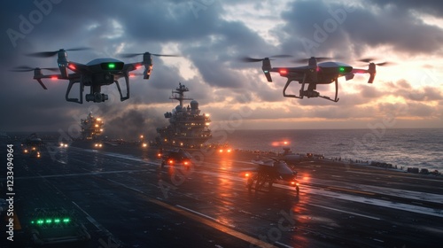 A high-tech drone carrier on the deck of a naval battleship, with armed drones being launched into the air photo