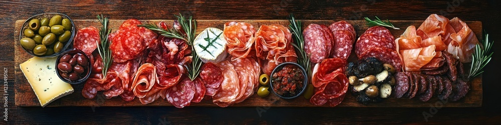 Charcuterie board, gourmet meat platter, assorted cured meats, cheese cubes, olives, dried fruits, nuts, wooden serving board, rustic presentation, high-contrast lighting, overhead view, rich colors, 