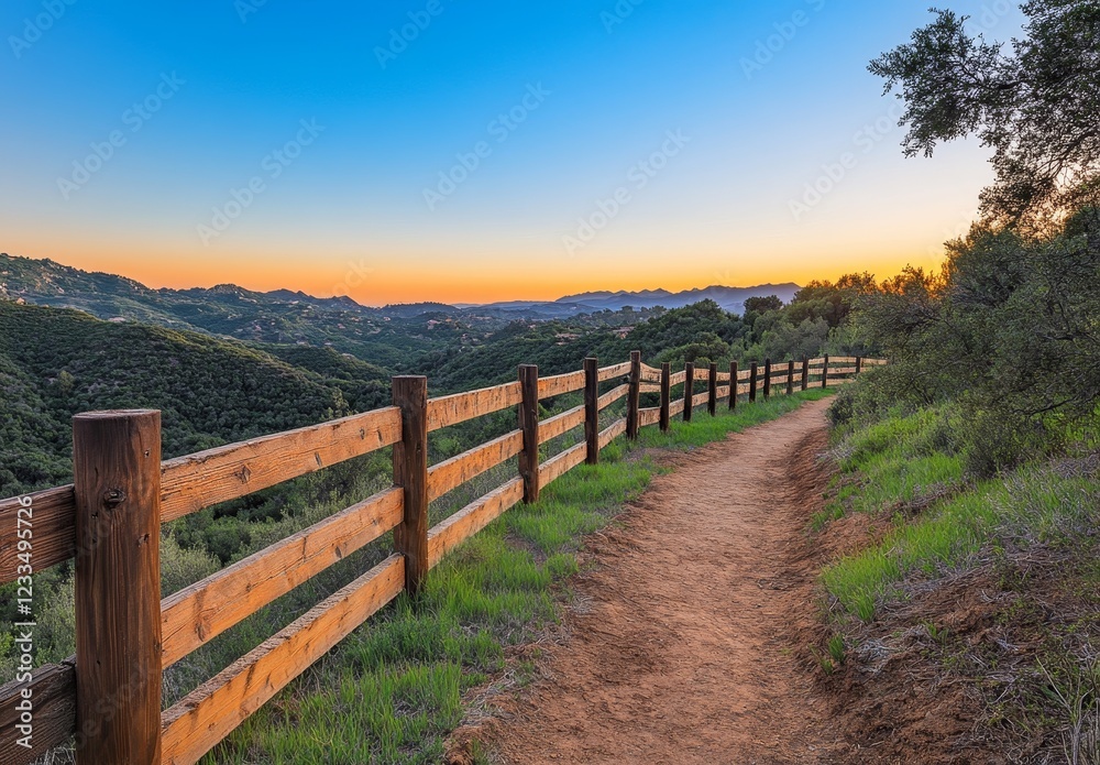Sunset trail path with wooden fence alongside a hilltop. Sunset trail path with wooden fence alongside a hilltop.