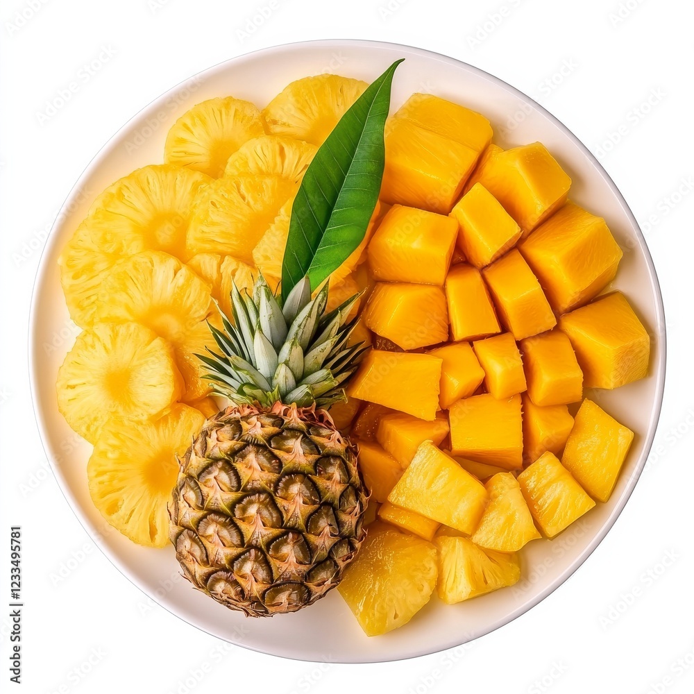 A refreshing tropical fruit platter with pineapple and mango slices, isolated white background, abstract art style A refreshing tropical fruit platter with pineapple and mango slices, isolated white background, abstract art style