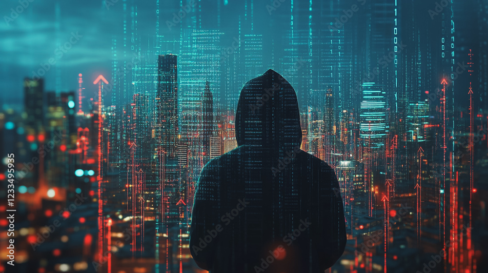 Hacker are planning to hack and attack networks and cyber security systems Smart digital city with connection cyber security network reciprocity over the cityscape . future smart wireless digital city Hacker are planning to hack and attack networks and cyber security systems Smart digital city with connection cyber security network reciprocity over the cityscape . future smart wireless digital city