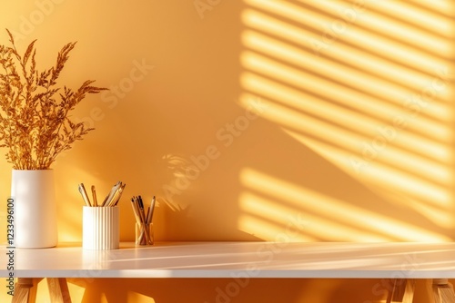 Sunlit Workspace With Dried Flowers And Pen Holders