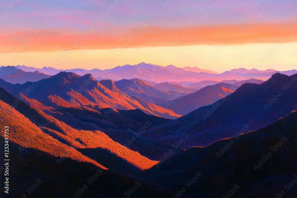 Obraz premium Majestic Mountain Ranges at Sunset Glowing Hues