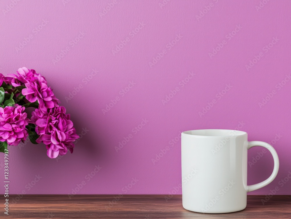 Minimalist Composition of Pink Flowers Next to a White Mug on Wooden Table with Pink Background Minimalist Composition of Pink Flowers Next to a White Mug on Wooden Table with Pink Background