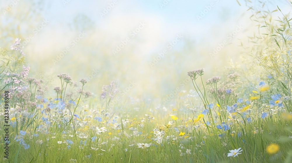 Obraz premium A serene meadow with colorful wildflowers blooming under a soft, hazy sky