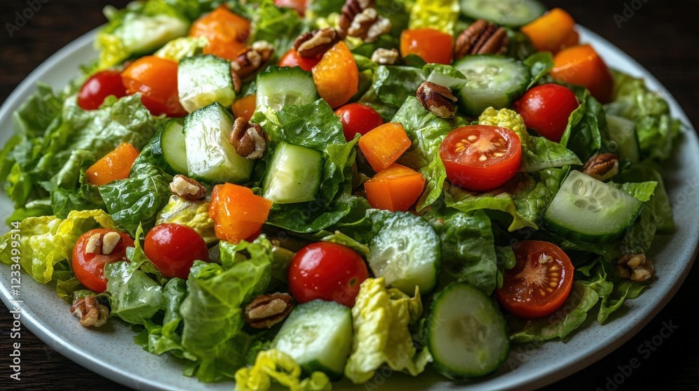 Fresh Green Salad with Tomatoes Cucumbers and Pecans