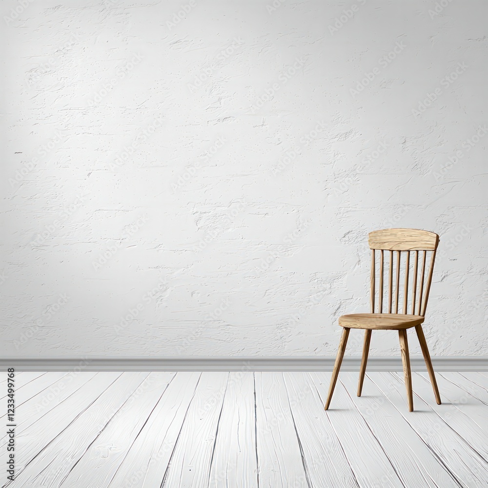 Minimalistic Wooden Chair in an Empty Room with White Walls and Light Wooden Floor Minimalistic Wooden Chair in an Empty Room with White Walls and Light Wooden Floor