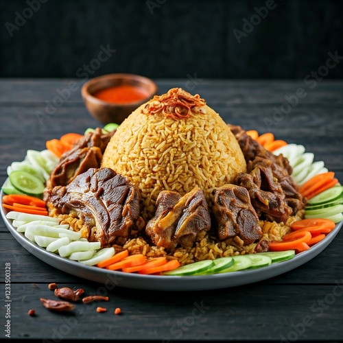 Nasi Kebuli Iga Kambing, Spice Arabian Rice with Clove, Cinnamon, and Garlic. photo