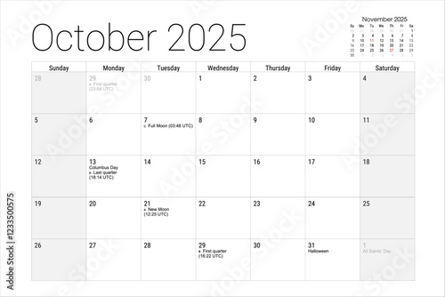 October 2025 Calendar Monthly Planner Halloween Columbus Day Moon Phases
