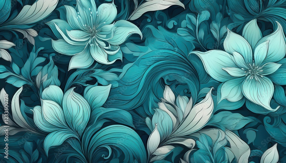 Vibrant Teal Floral Abstraction A Captivating Seamless Pattern Showcasing a Breathtaking Array of Blooming Flowers in Rich, Deep Teal Hues. Vibrant Teal Floral Abstraction A Captivating Seamless Pattern Showcasing a Breathtaking Array of Blooming Flowers in Rich, Deep Teal Hues.