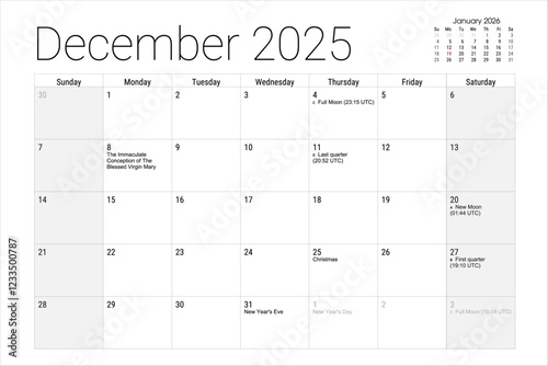 December 2025 Calendar Monthly Planner Year 2025 Christmas New Year s Eve