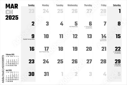 2025 March Calendar Monthly Planner Days Dates Holidays Moon Phases