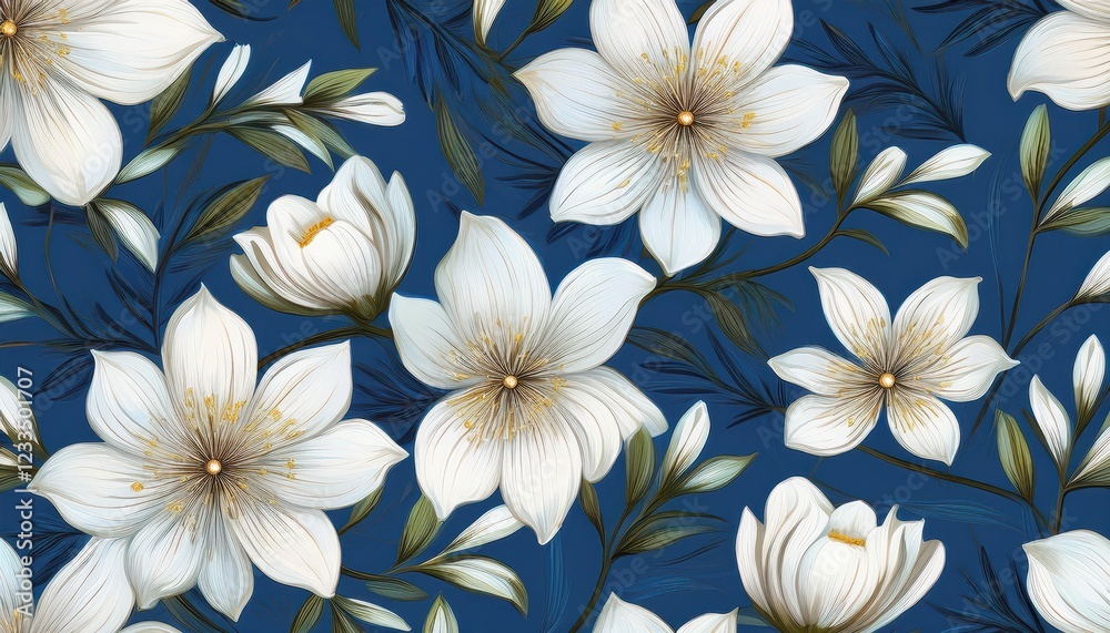 Vibrant and Whimsical Seamless Floral Pattern featuring Dazzling White Blossoms on a Calm, Deep Blue Canvas, Perfect for Digital Art, Home Decor, or Design Inspiration Vibrant and Whimsical Seamless Floral Pattern featuring Dazzling White Blossoms on a Calm, Deep Blue Canvas, Perfect for Digital Art, Home Decor, or Design Inspiration