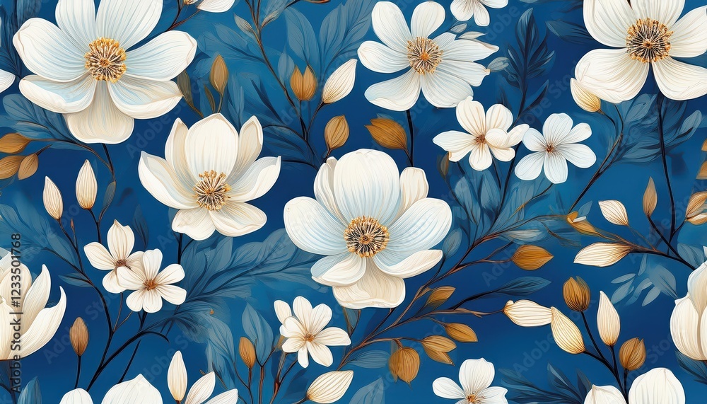 Vibrant White Florals Swirling in a Mesmerizing, Seamless Pattern against an Ethereal Blue Backdrop Ideal for Digital Art, Home Decor, or Design Inspiration Vibrant White Florals Swirling in a Mesmerizing, Seamless Pattern against an Ethereal Blue Backdrop Ideal for Digital Art, Home Decor, or Design Inspiration
