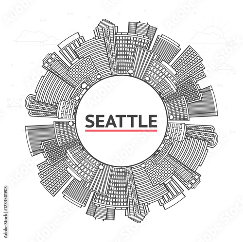 Outline Seattle Washington City Skyline with Modern Buildings and copy space Isolated on White. Seattle USA Cityscape with Landmarks.