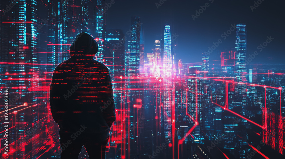 Hacker are planning to hack and attack networks and cyber security systems Smart digital city with connection cyber security network reciprocity over the cityscape . future smart wireless digital city Hacker are planning to hack and attack networks and cyber security systems Smart digital city with connection cyber security network reciprocity over the cityscape . future smart wireless digital city