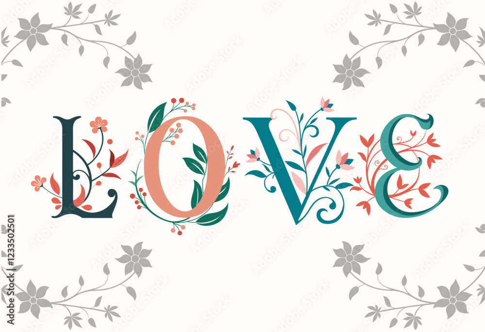 Obraz premium Love Letter Alphabet Decor Design, Love Card, Valentine's Day Card Decor Alphabet, Alphabet Love, L O V E, Craft, Illustration Lettering.