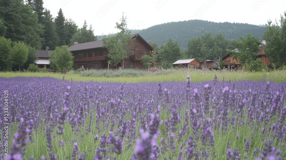 Lavender Fields with Wooden Houses and Mountain View Lavender Fields with Wooden Houses and Mountain View