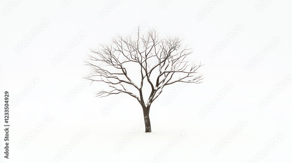 Obraz premium Snowy landscape, bare tree, winter scene, cold weather, minimalist
