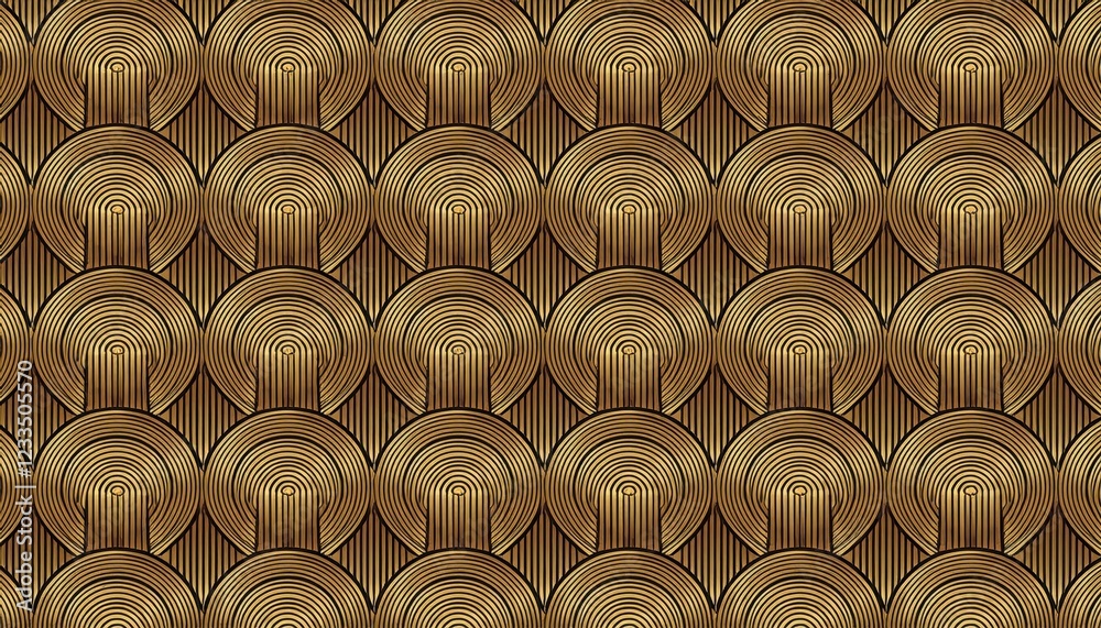 Obraz premium Art Deco Masterpiece Ornate Gold Circle Stripes with Arching Line Patterns and Fence Background, Elevating Modern Interior Design or Graphic Art
