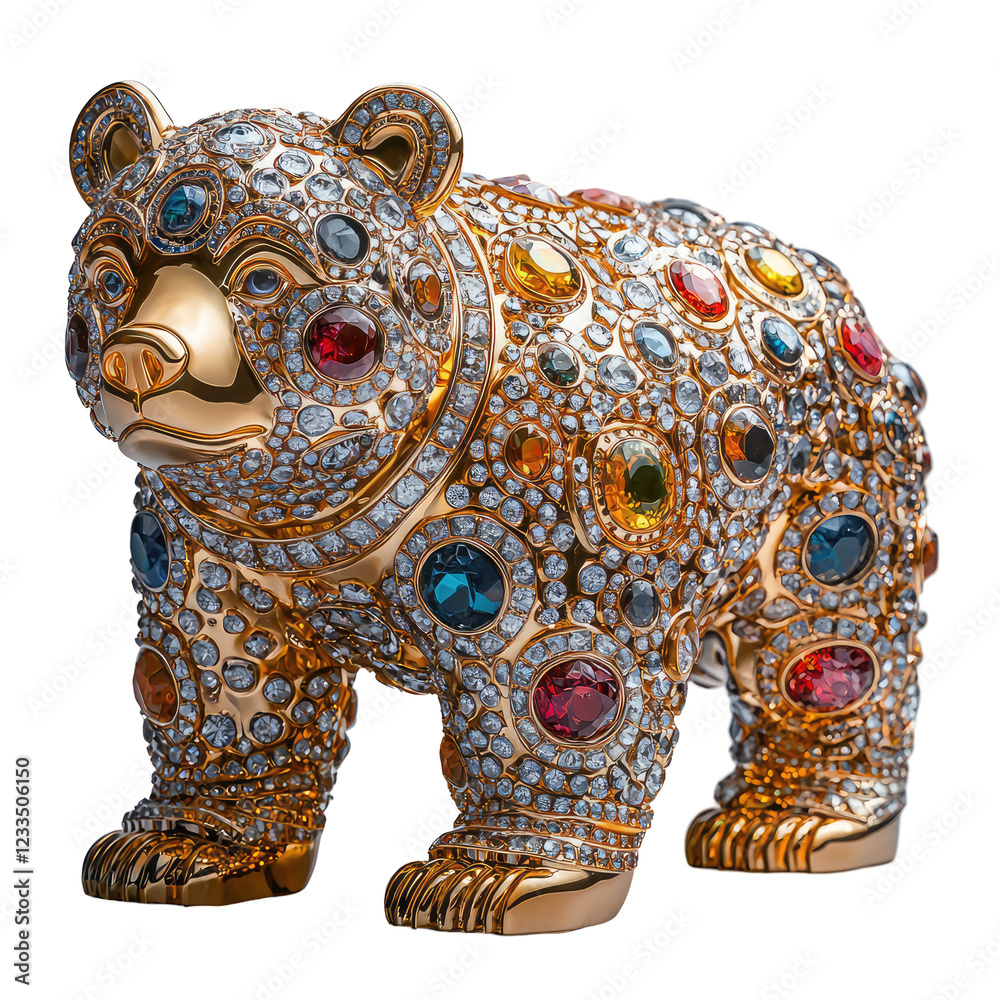Obraz premium Shiny Gold Sculpture of an Ornate Bear Adorned with Colorful Gems and Jewels