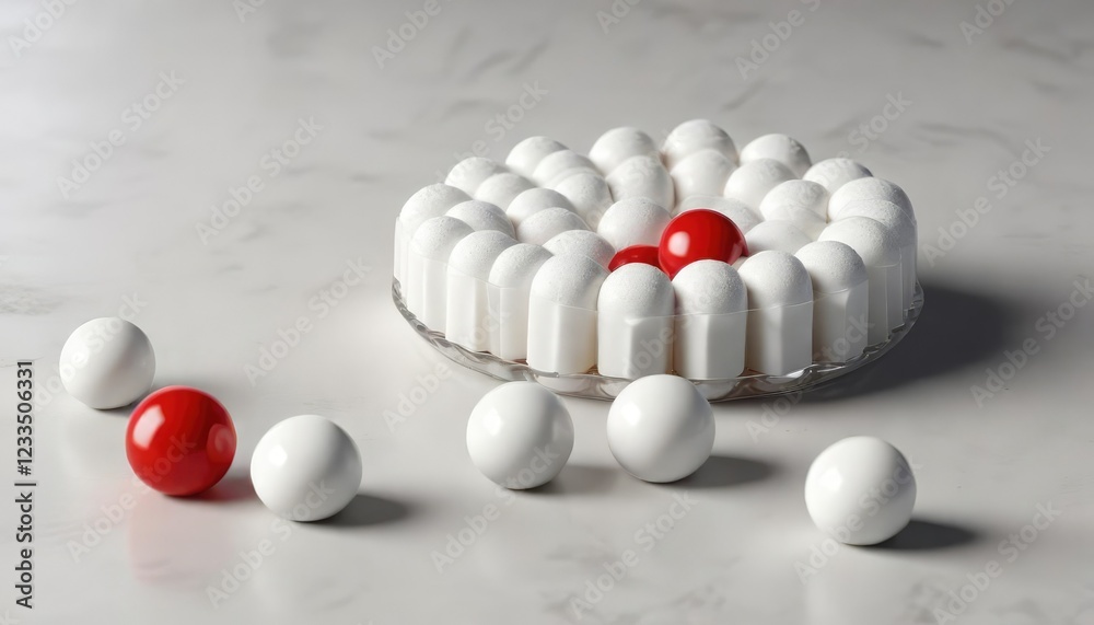 Simple composition of white candies and one red round candy on a clean neutral surface, design, sweet Simple composition of white candies and one red round candy on a clean neutral surface, design, sweet