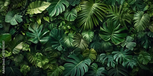 Wallpaper Mural Lush tropical foliage, dense jungle canopy, vibrant green monstera leaves, philodendron plants, exotic rainforest flora, dark mysterious undergrowth, botanical paradise, natural texture, jungle panora Torontodigital.ca