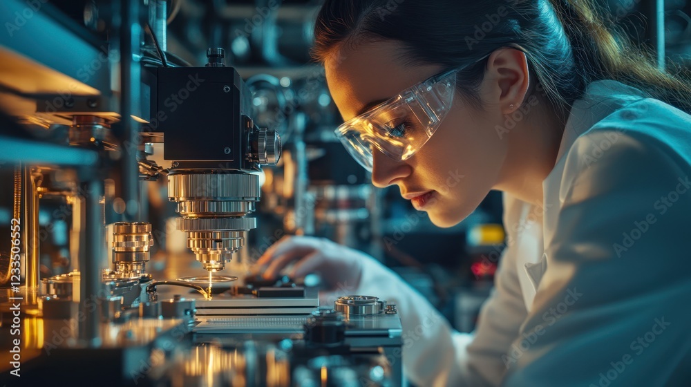 Scientist working with precision equipment. Scientist working with precision equipment.