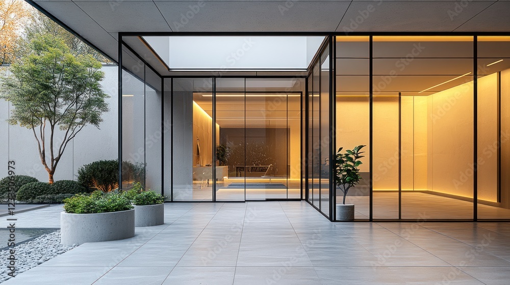 Obraz premium Modern glass-walled interior courtyard with minimalist design and garden.