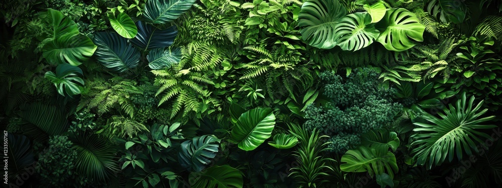 custom made wallpaper toronto digitalLush tropical foliage, dense jungle canopy, vibrant green monstera leaves, philodendron plants, exotic rainforest flora, dark mysterious undergrowth, botanical paradise, natural texture, jungle panora