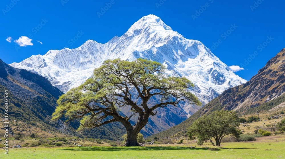 Obraz premium Lone Tree Majestic Mountain Valley Landscape