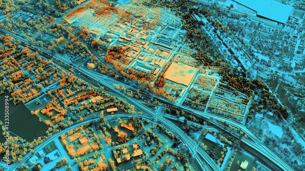 Fototapeta premium Thermal aerial view of a city showing buildings and roads in orange and blue tones