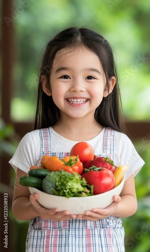 Fototapeta Naklejka Na Ścianę i Meble -  Cheerful girl holding a bowl of fresh vegetables and fruits in a bright, natural setting, promoting healthy eating