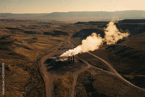 Geothermal Plant Emits Steam In Arid Desert Landscape photo