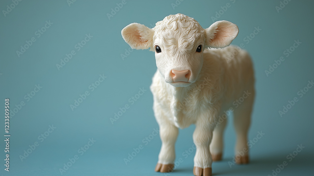 Fototapeta premium A small white cow stands against a soft, bluish backdrop