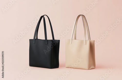 Two tote bags, black and beige, on pink background. photo