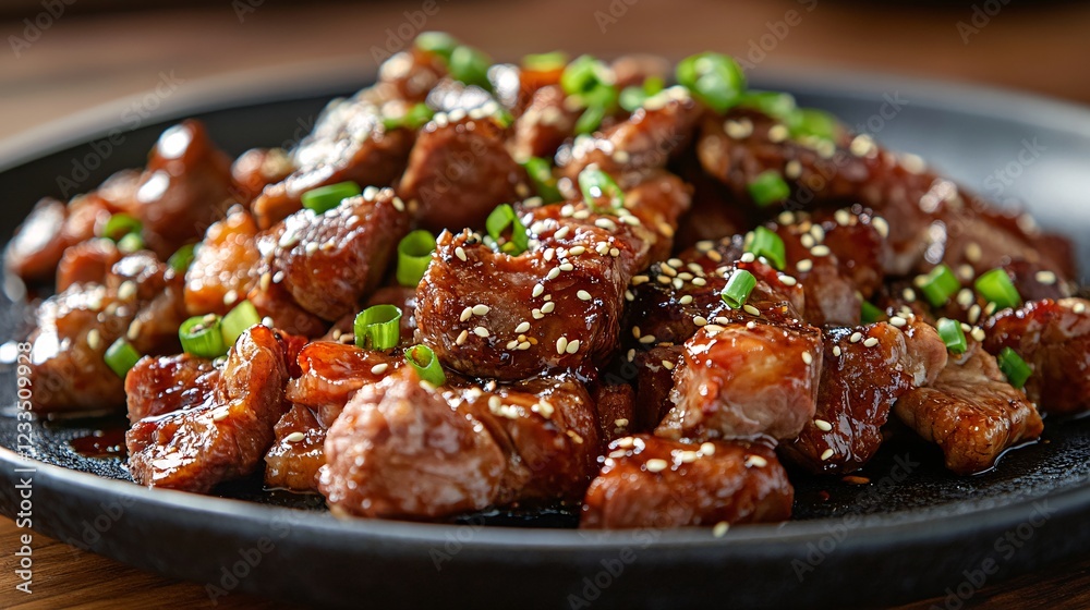 A plate of beautifully arranged Yakiniku meats, including beef, pork, and chicken, garnished with sesame seeds and green onions A plate of beautifully arranged Yakiniku meats, including beef, pork, and chicken, garnished with sesame seeds and green onions
