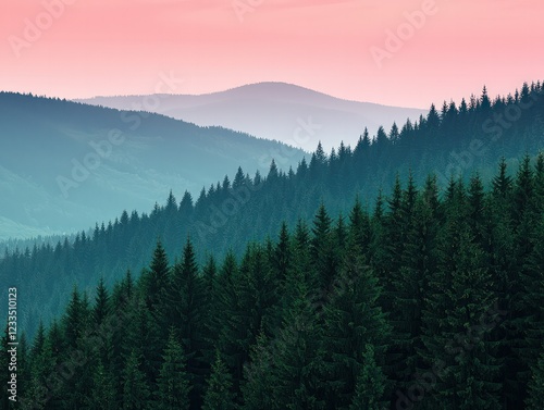 Serene Forested Mountains with Layers of Green and Vibrant Pink Sky at Dusk
