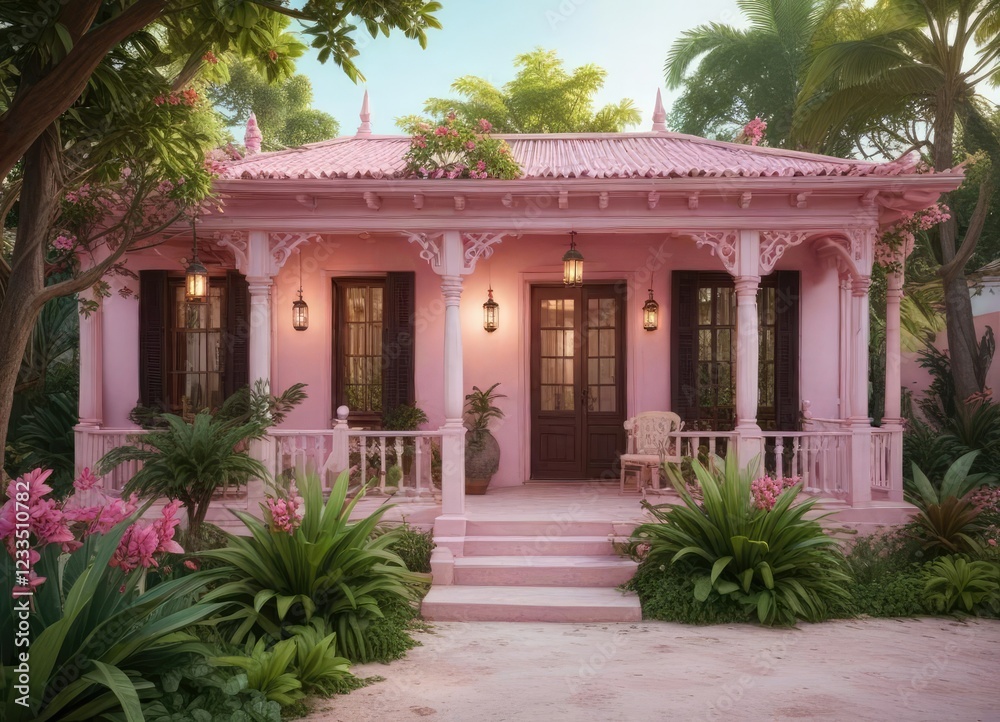Soft pink Caribbean house with a romantic garden and vintage wooden lanterns, whimsical ambiance, warm sunlight Soft pink Caribbean house with a romantic garden and vintage wooden lanterns, whimsical ambiance, warm sunlight