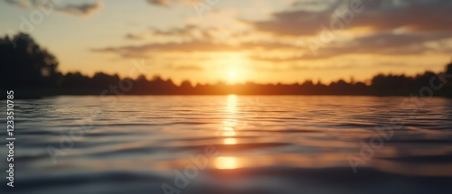 Serene Sunset Over Calm Water Surface with Reflections and Silhouette of Trees in Background