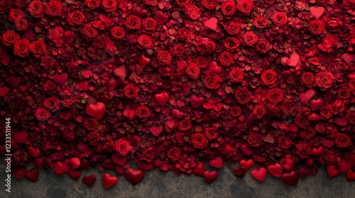 Red Roses Petals and Hearts Romantic Background