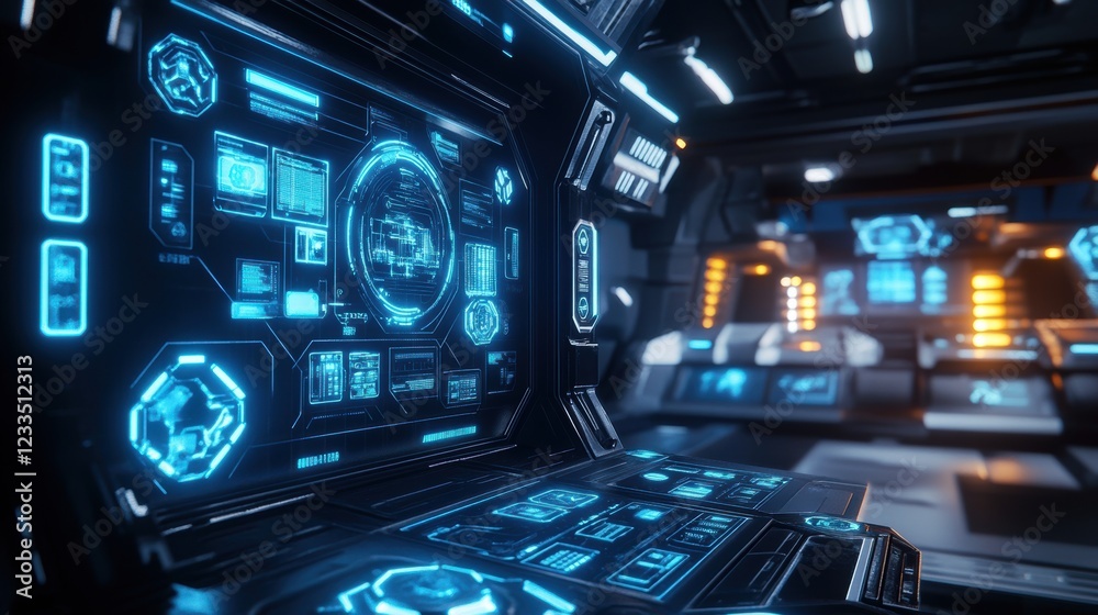 Futuristic Spaceship Control Panel Interface with Blue HUD and Digital Displays