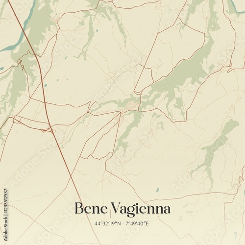 Vintage map of Bene Vagienna, Italy.