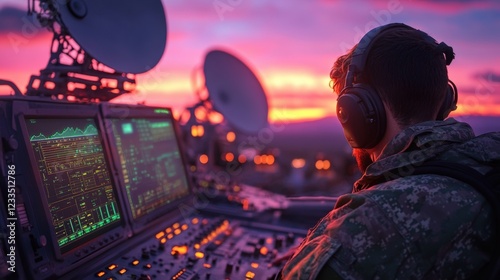 A radar station with rotating dishes scanning the horizon, with glowing LED indicators on the control panels